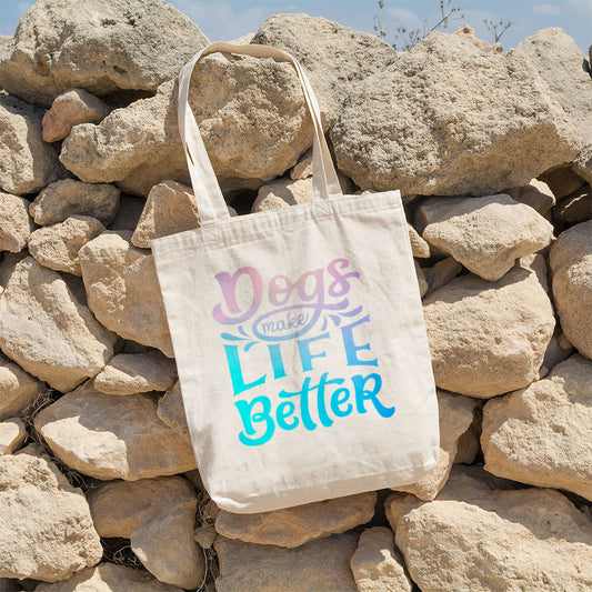 Dogs Make Life Better With Blue Gradient Font Totes at $22.95 found at Personalizedpetlovergifts