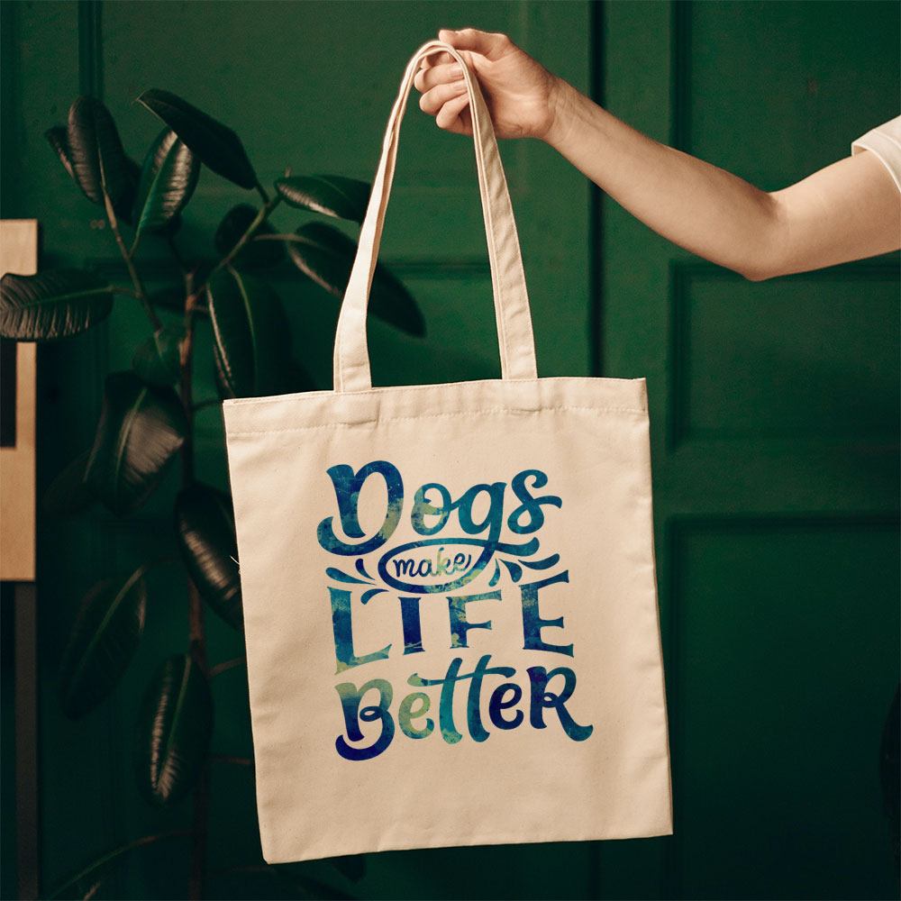 Dogs Make Life Better With Blue Paint Font Totes at $22.95 found at Personalizedpetlovergifts