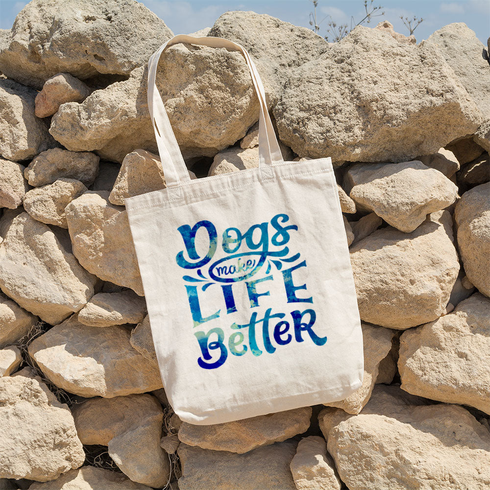 Dogs Make Life Better With Blue Paint Font Totes at $22.95 found at Personalizedpetlovergifts