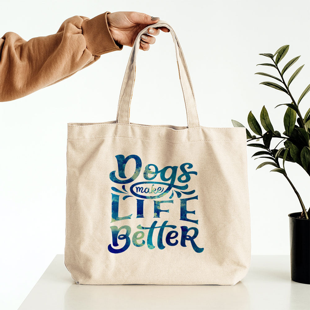 Dogs Make Life Better With Blue Paint Font Totes at $22.95 found at Personalizedpetlovergifts