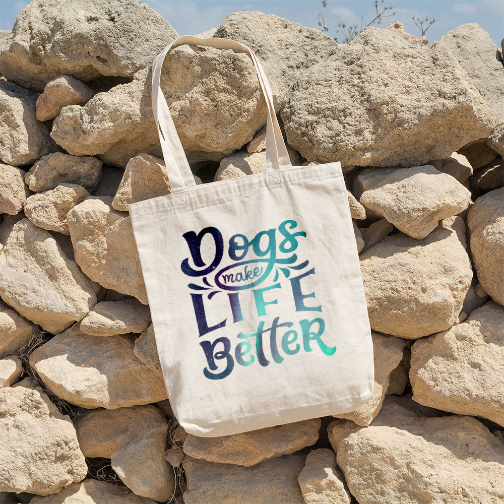 Dogs Make Life Better With Green Galaxy Font Totes at $22.95 found at Personalizedpetlovergifts