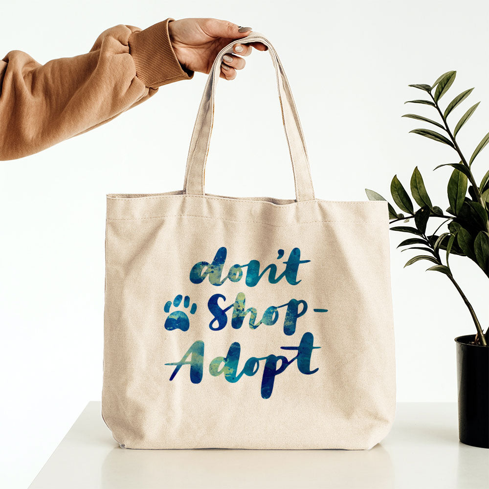 Don_t Shop Adopt With Blue Paint Font Totes at $22.95 found at Personalizedpetlovergifts