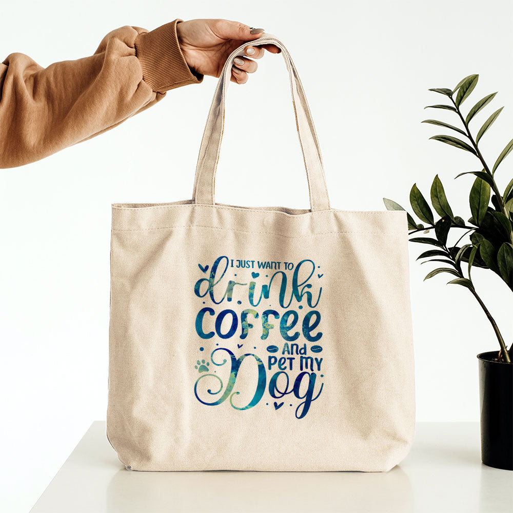 Drink Coffee And Pet My Dog With Blue Paint Font Totes at $22.95 found at Personalizedpetlovergifts