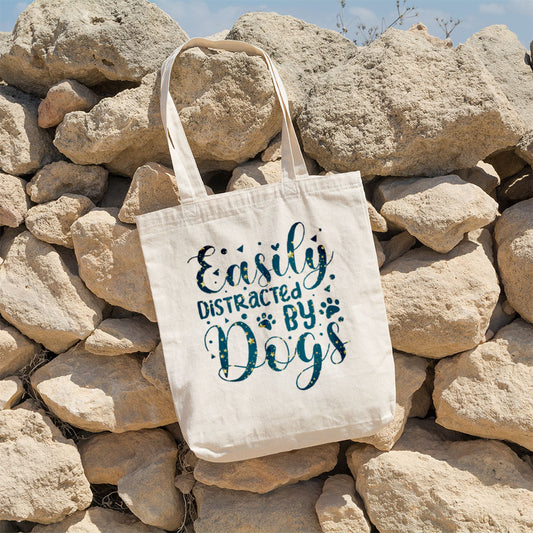 Easily Distracted By Dogs With Star Font Totes at $22.95 found at Personalizedpetlovergifts