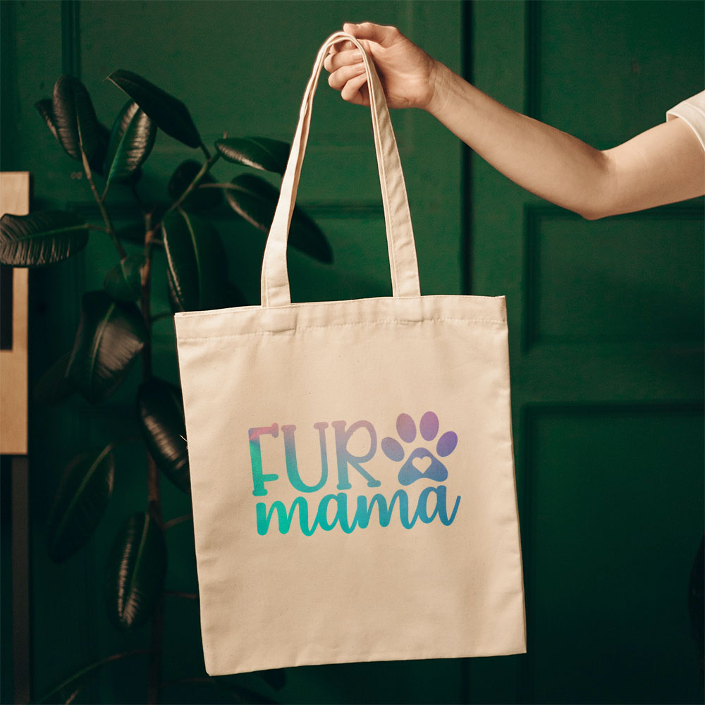 Fur Mama With Blue Gradient Font Totes at $22.95 found at Personalizedpetlovergifts