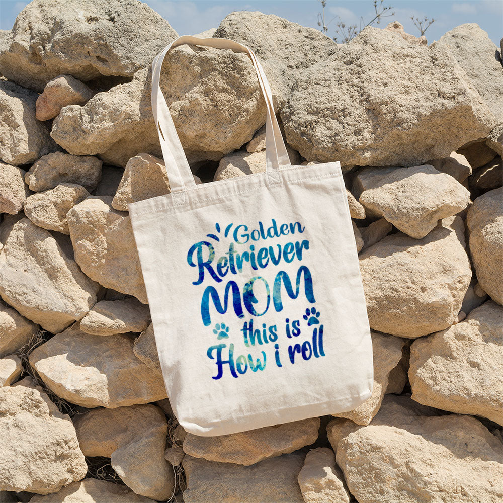 Golden Retriever Mom This Is How I Roll With Blue Paint Font Totes at $22.95 found at Personalizedpetlovergifts