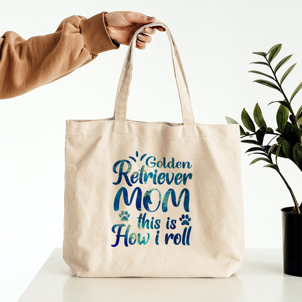 Golden Retriever Mom This Is How I Roll With Blue Paint Font Totes at $22.95 found at Personalizedpetlovergifts