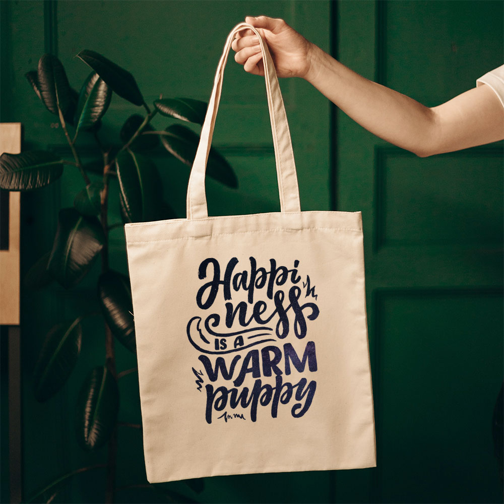 Happyiness Is A Warm Puppy With Galaxy Font Totes at $22.95 found at Personalizedpetlovergifts