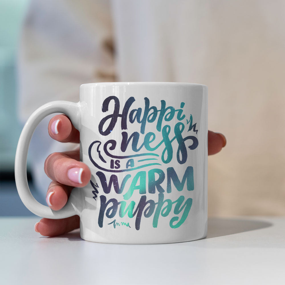 Happyiness Is A Warm Puppy with Green Galaxy font Mugs at $13.95 found at Personalizedpetlovergifts