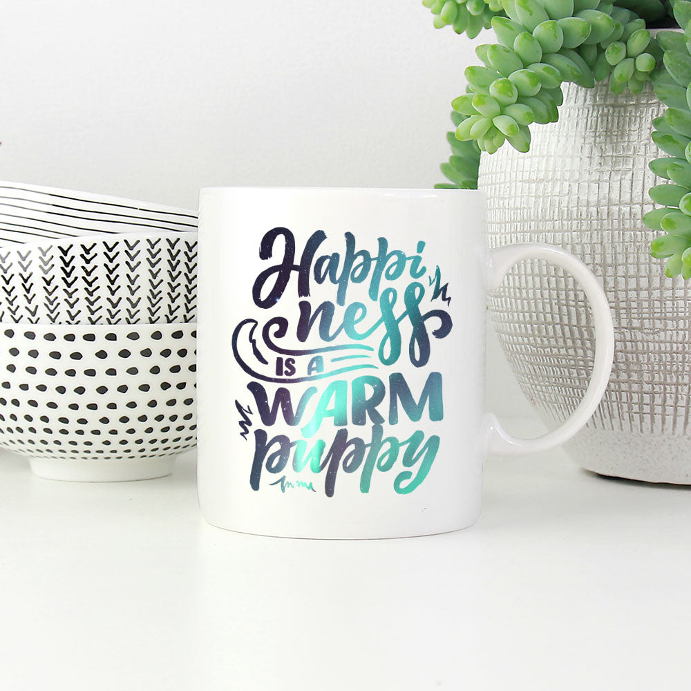 Happyiness Is A Warm Puppy with Green Galaxy font Mugs at $13.95 found at Personalizedpetlovergifts