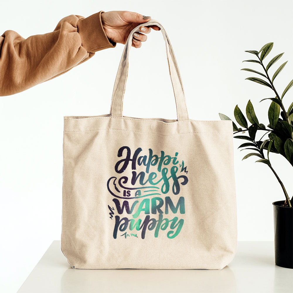 Happyiness Is A Warm Puppy With Green Galaxy Font Totes at $22.95 found at Personalizedpetlovergifts