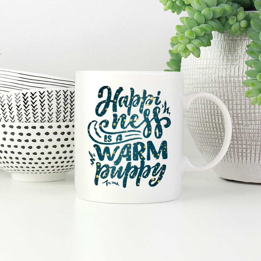 Happyiness Is A Warm Puppy with star font Mugs at $13.95 found at Personalizedpetlovergifts