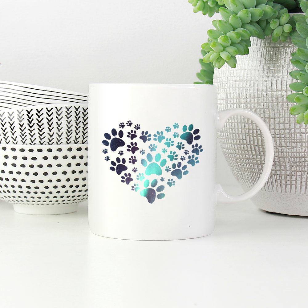 Heart Paws with Green Galaxy font Mugs at $13.95 found at Personalizedpetlovergifts