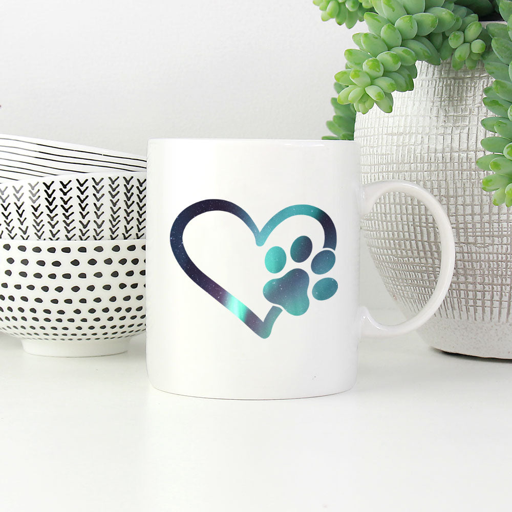 Heart With A Paw with Green Galaxy font Mugs at $13.95 found at Personalizedpetlovergifts