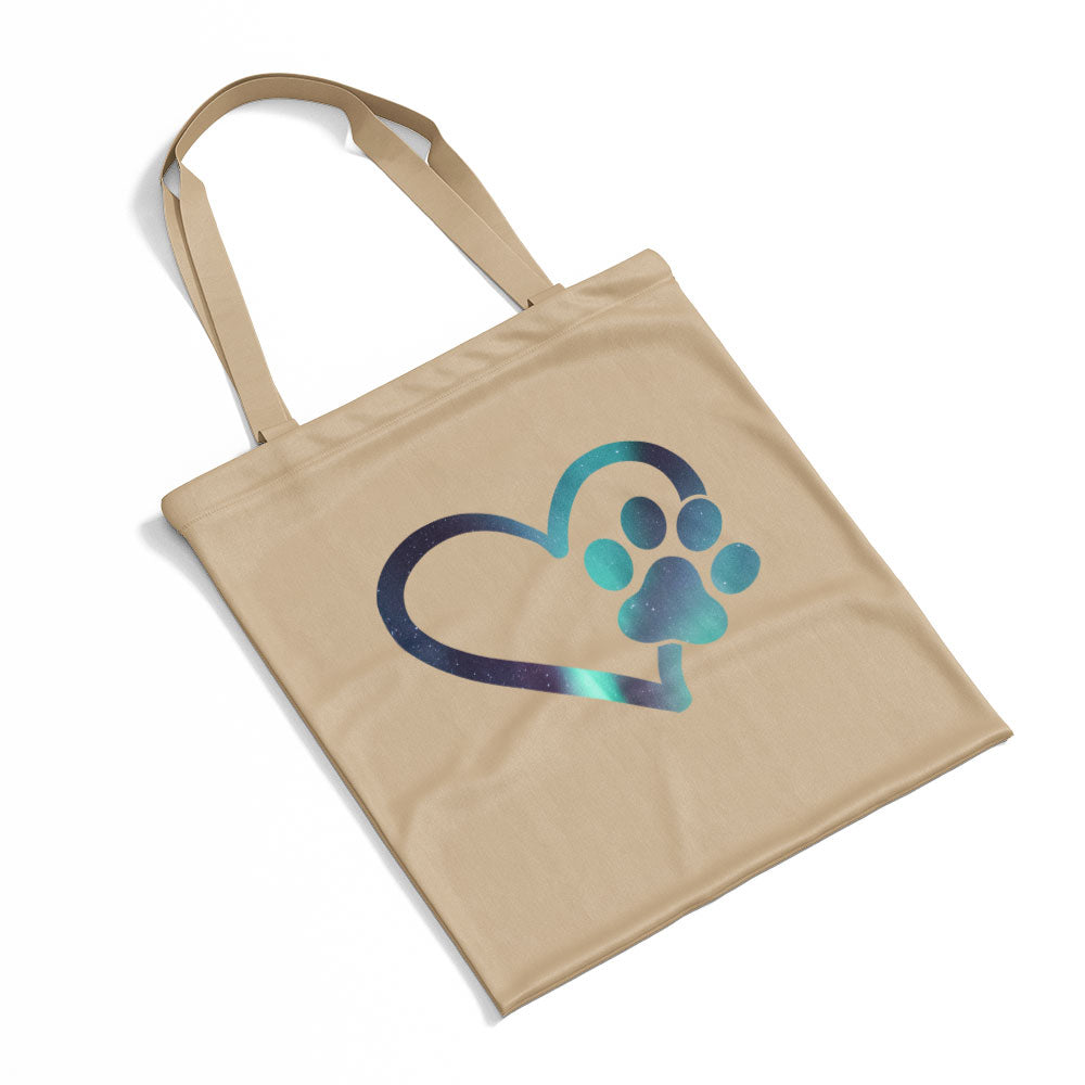 Heart With A Paw With Green Galaxy Font Totes at $22.95 found at Personalizedpetlovergifts