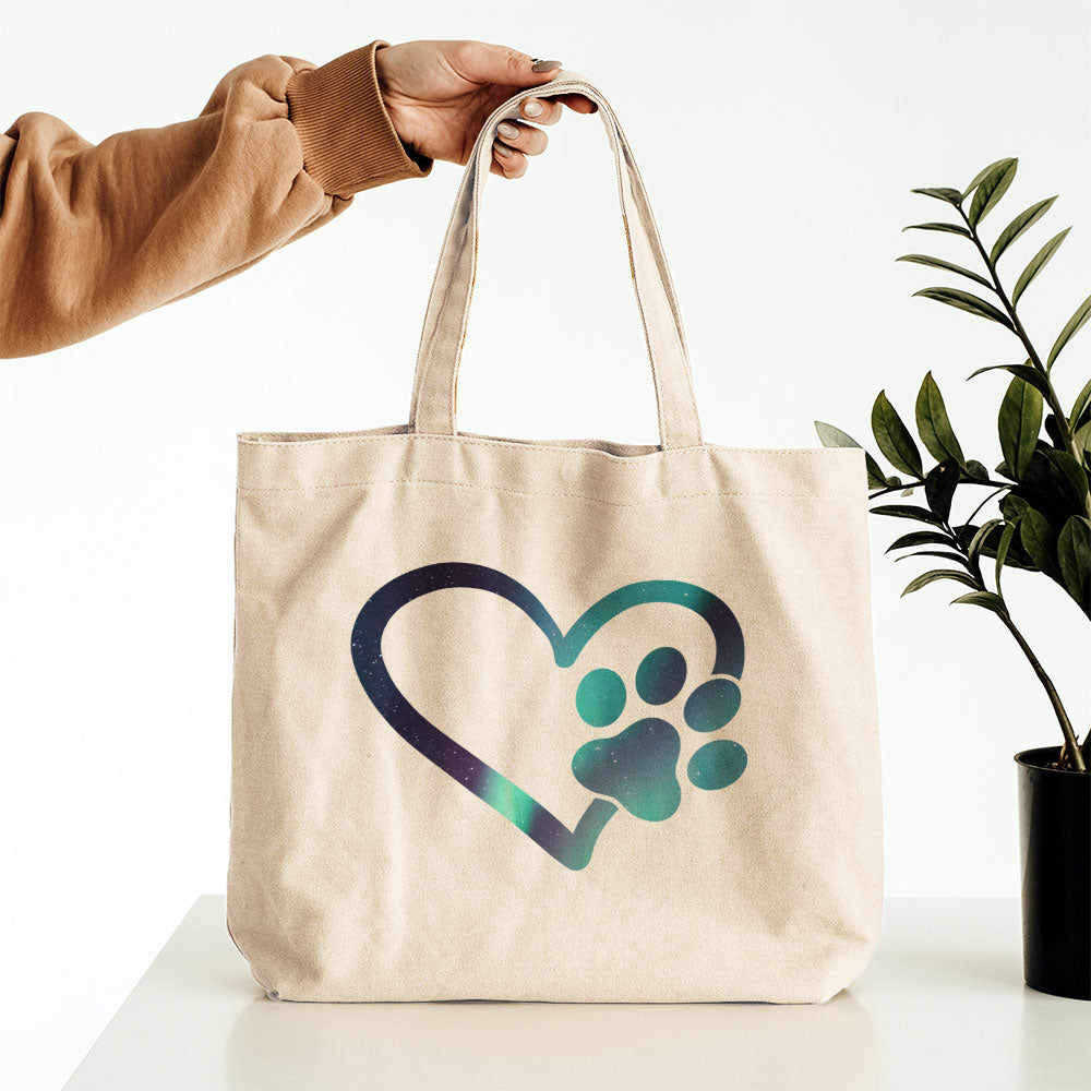 Heart With A Paw With Green Galaxy Font Totes at $22.95 found at Personalizedpetlovergifts