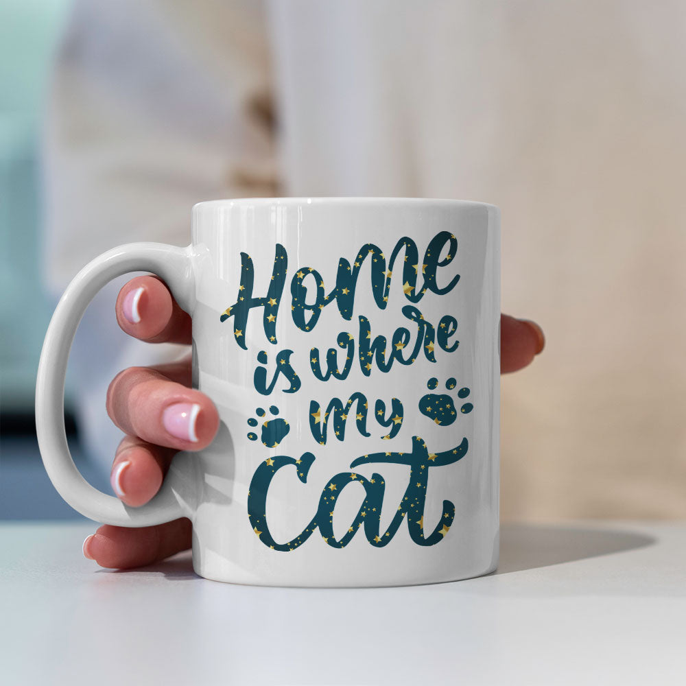 Home Is Where My Cat Is In a Silhouette In Star Pattern Mug at $13.95 found at Personalizedpetlovergifts