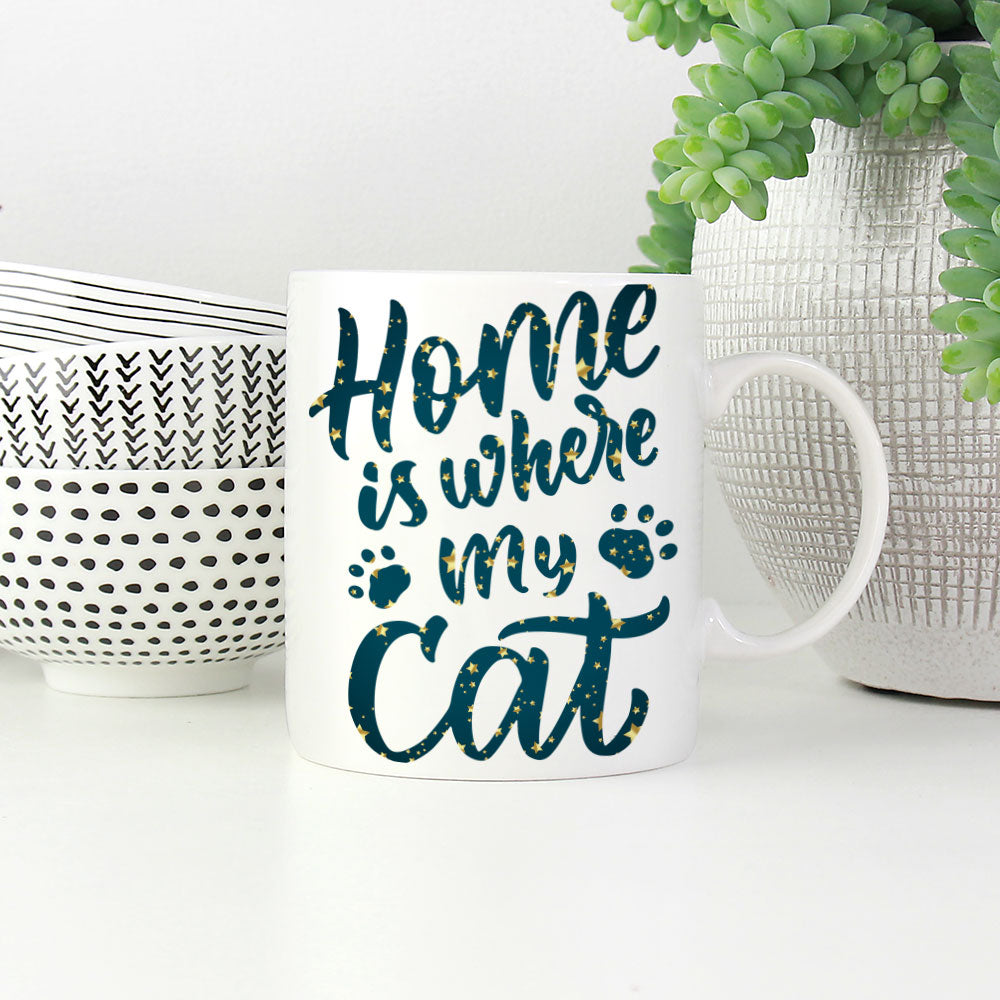 Home Is Where My Cat Is In a Silhouette In Star Pattern Mug at $13.95 found at Personalizedpetlovergifts