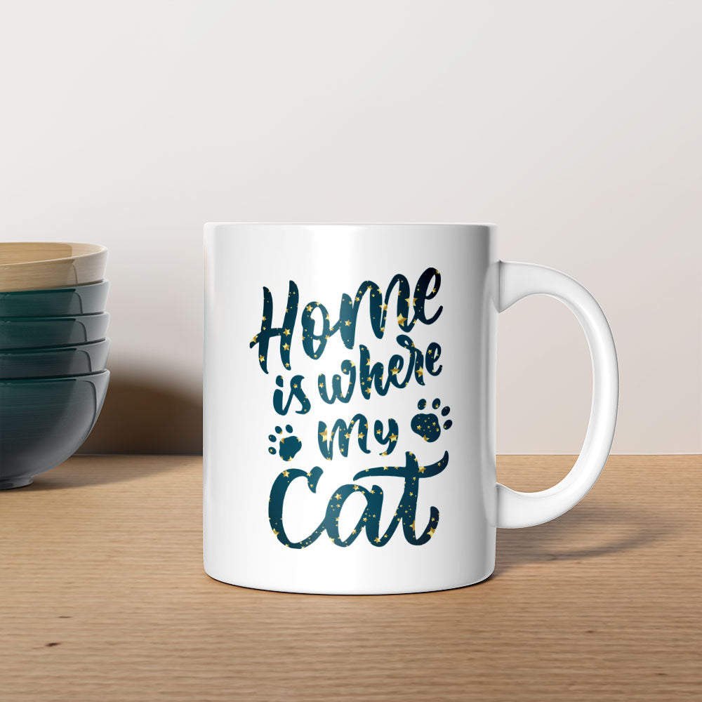 Home Is Where My Cat Is In a Silhouette In Star Pattern Mug at $13.95 found at Personalizedpetlovergifts