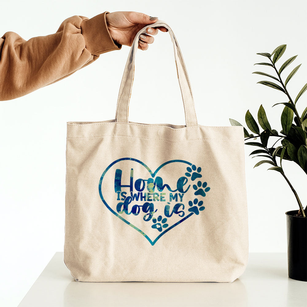 Home Is Where My Dog Is With Blue Paint Font Totes at $22.95 found at Personalizedpetlovergifts