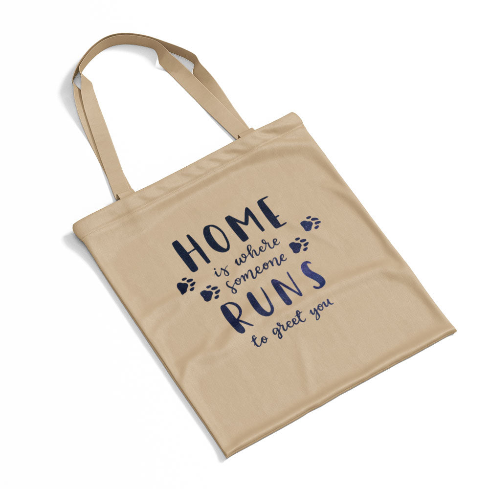 Home Is Where Someone Runs To Greet You With Green Galaxy Font Totes at $22.95 found at Personalizedpetlovergifts