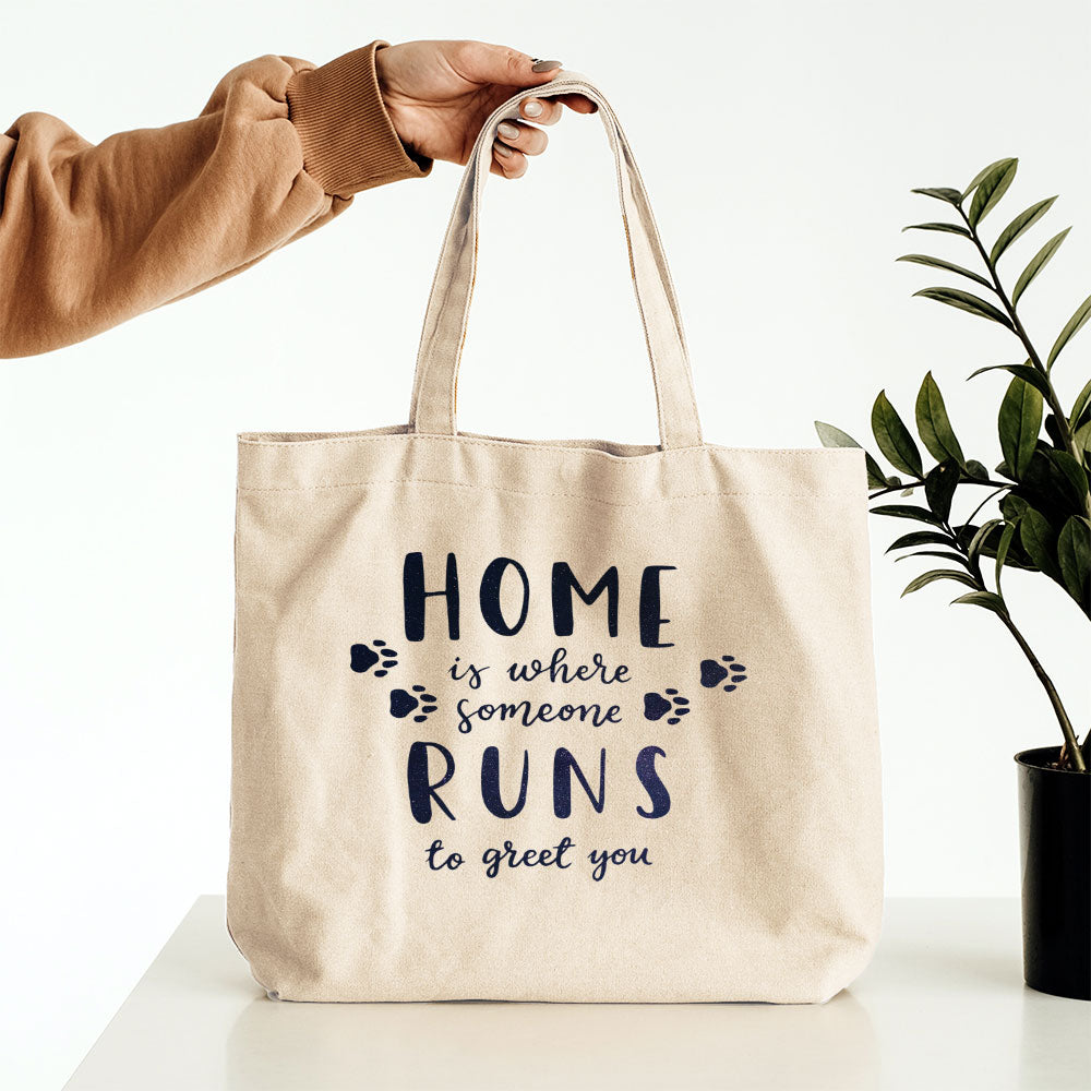 Home Is Where Someone Runs To Greet You With Green Galaxy Font Totes at $22.95 found at Personalizedpetlovergifts