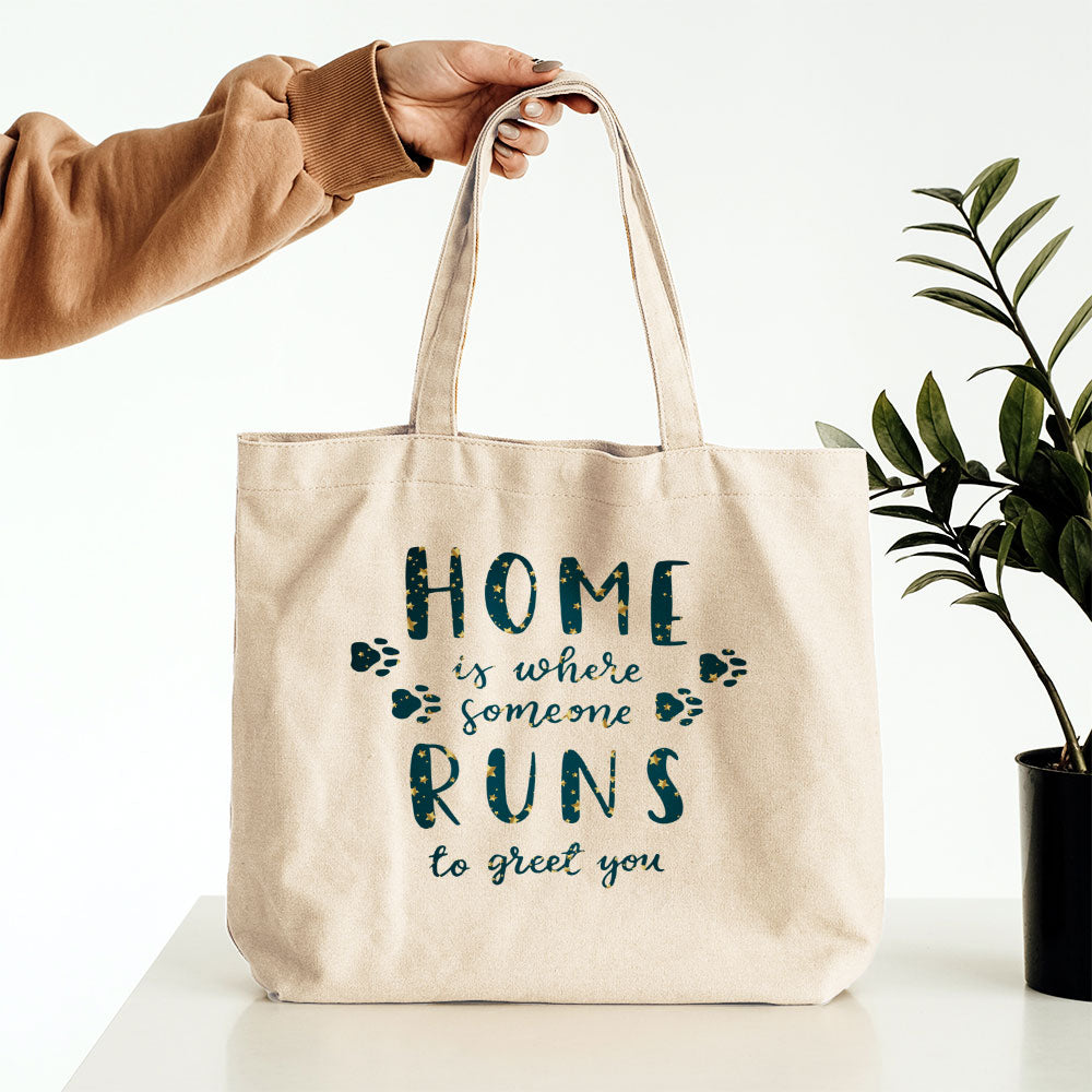 Home Is Where Someone Runs To Greet You With Star Font Totes at $22.95 found at Personalizedpetlovergifts