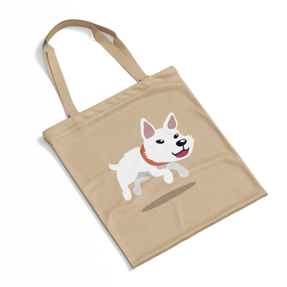 Jumping White Puppy Totes at $22.95 found at Personalizedpetlovergifts