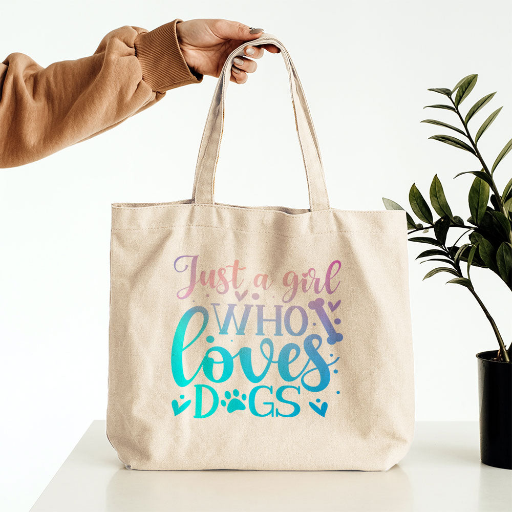 Just A Girl Who Loves Dogs With Blue Gradient Font Totes at $22.95 found at Personalizedpetlovergifts