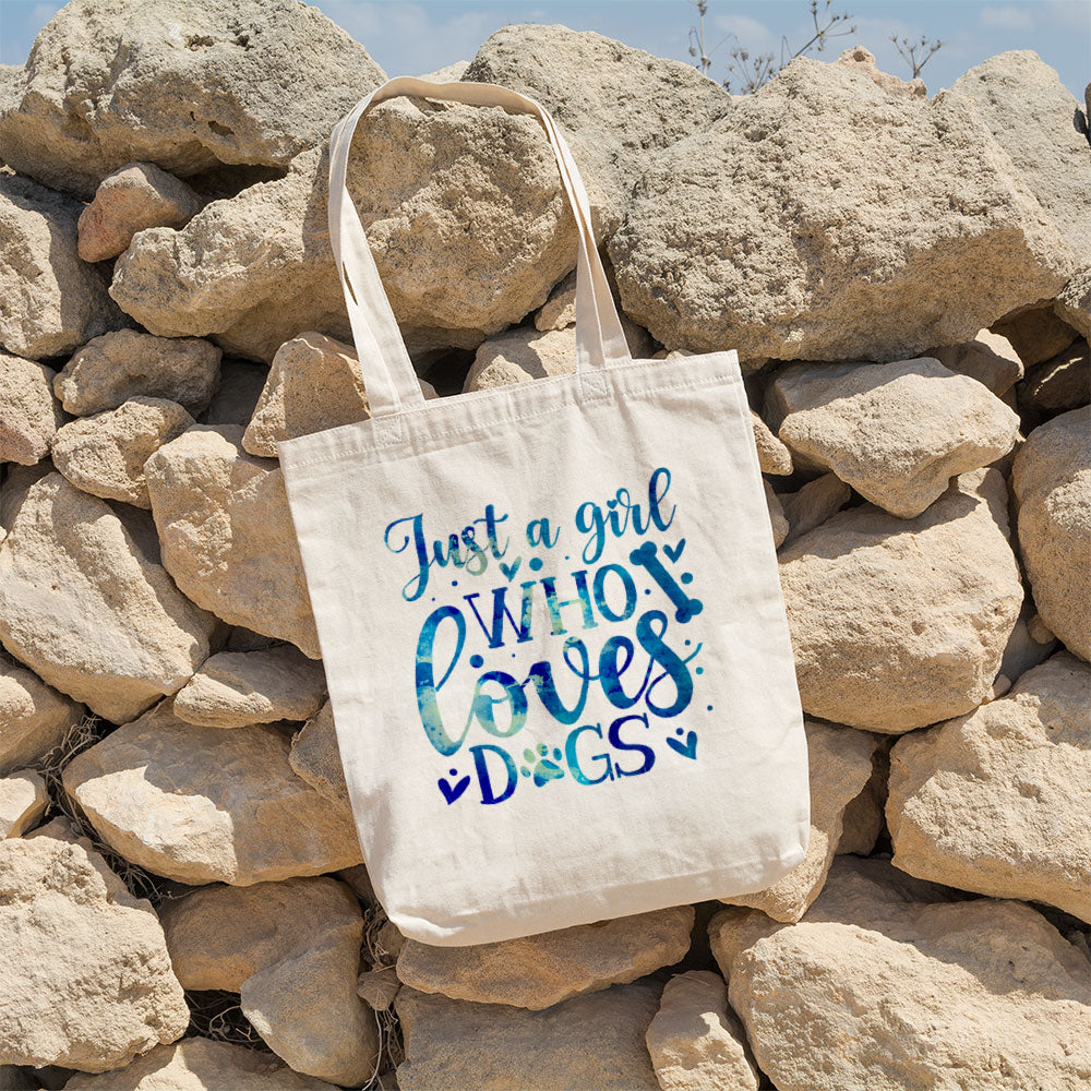 Just A Girl Who Loves Dogs With Blue Paint Font Totes at $22.95 found at Personalizedpetlovergifts