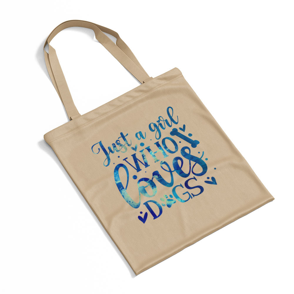 Just A Girl Who Loves Dogs With Blue Paint Font Totes at $22.95 found at Personalizedpetlovergifts