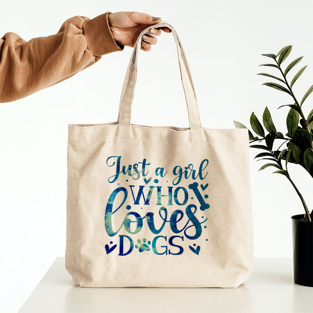 Just A Girl Who Loves Dogs With Blue Paint Font Totes at $22.95 found at Personalizedpetlovergifts