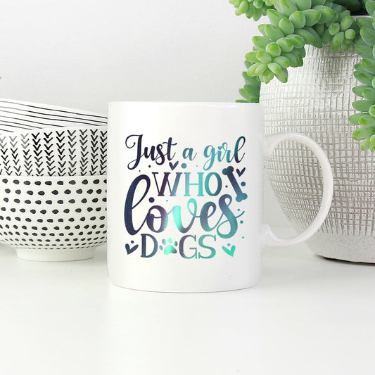 Just A Girl Who Loves Dogs with Green Galaxy font Mugs at $13.95 found at Personalizedpetlovergifts