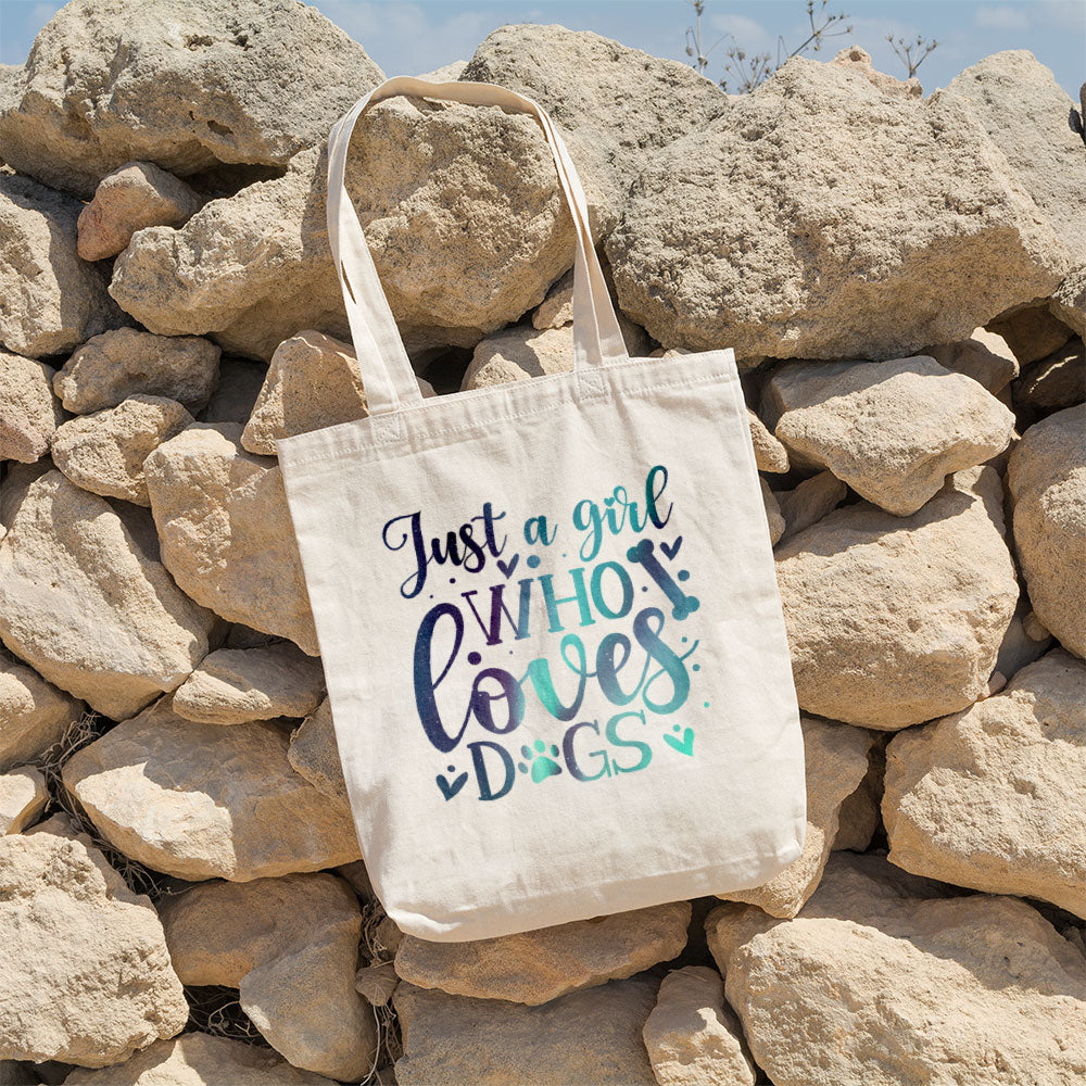 Just A Girl Who Loves Dogs With Green Galaxy Font Totes at $22.95 found at Personalizedpetlovergifts