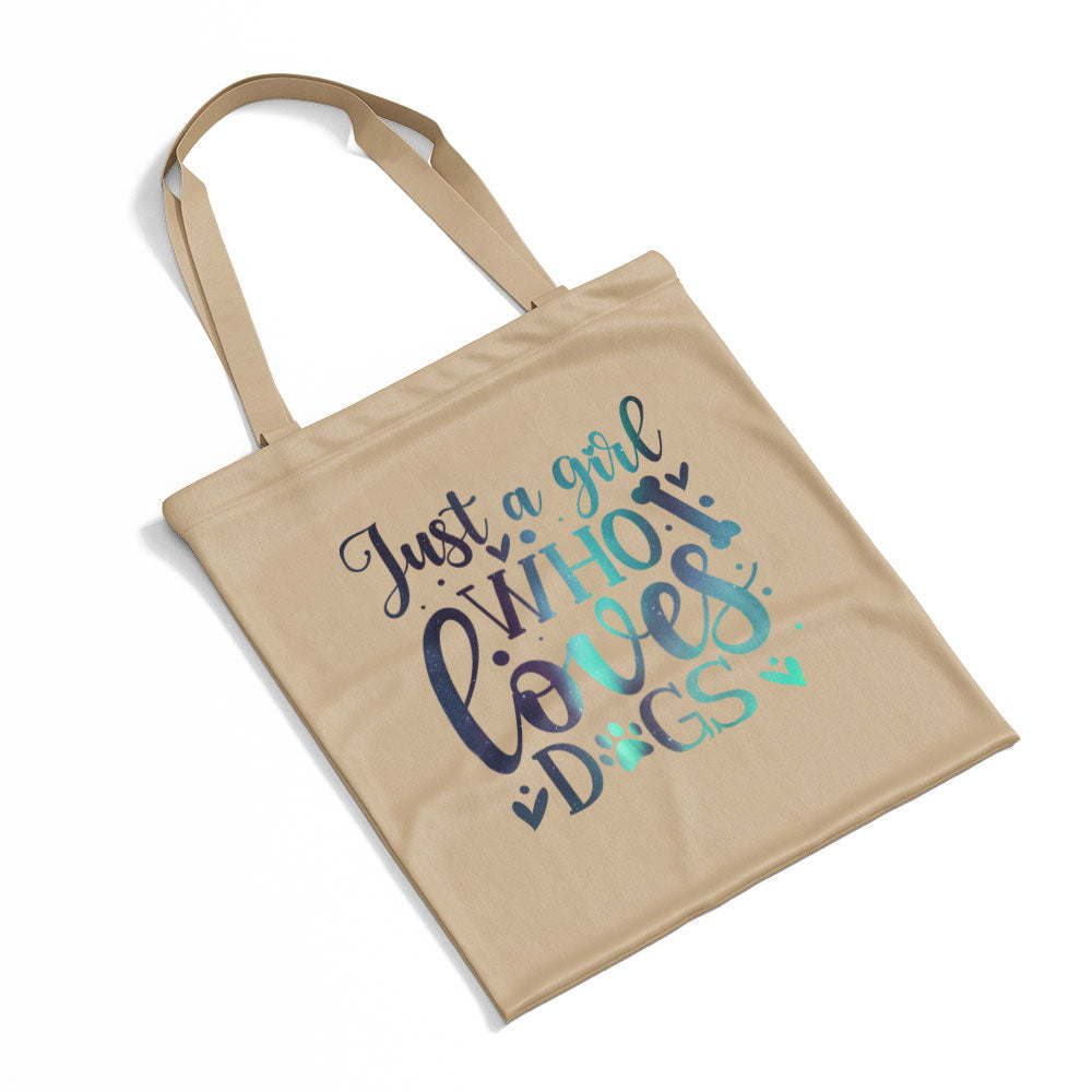 Just A Girl Who Loves Dogs With Green Galaxy Font Totes at $22.95 found at Personalizedpetlovergifts