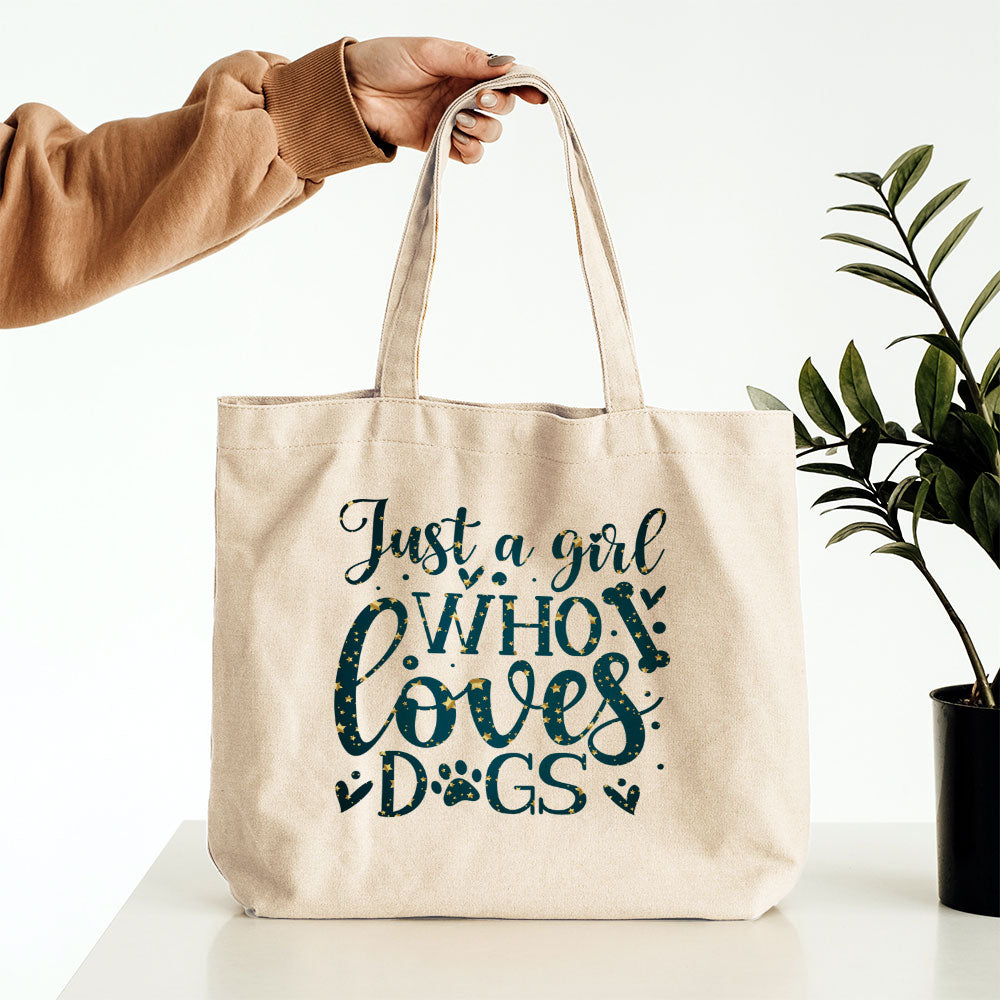 Just A Girl Who Loves Dogs With Star Font Totes at $22.95 found at Personalizedpetlovergifts