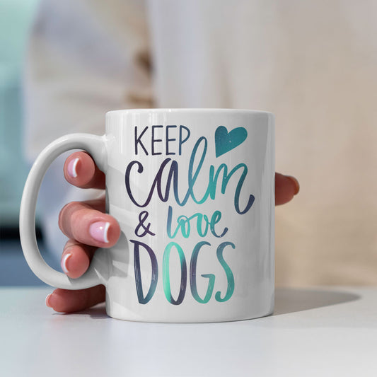 Keep Calm And Love Dogs with Green Galaxy font Mugs at $13.95 found at Personalizedpetlovergifts