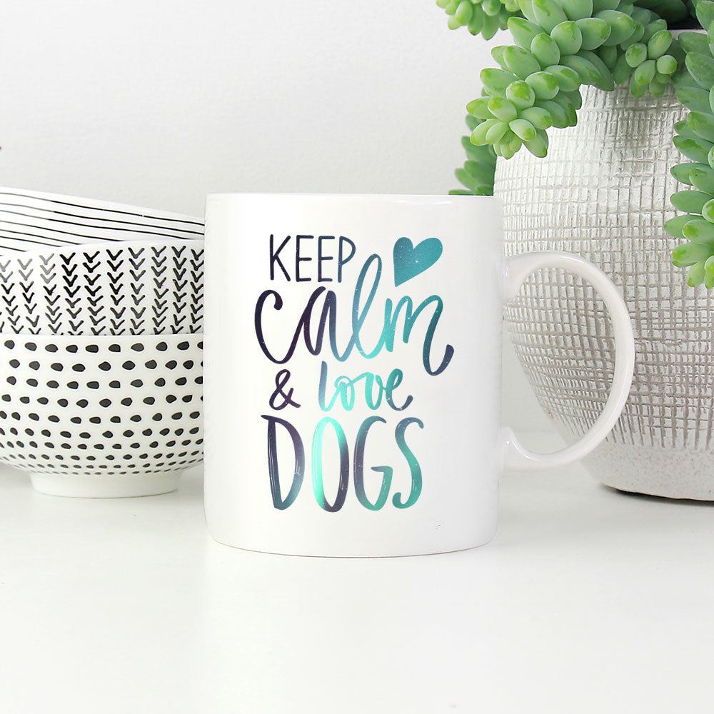 Keep Calm And Love Dogs with Green Galaxy font Mugs at $13.95 found at Personalizedpetlovergifts