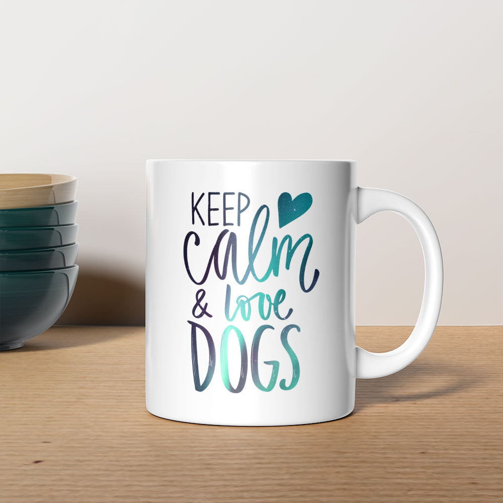 Keep Calm And Love Dogs with Green Galaxy font Mugs at $13.95 found at Personalizedpetlovergifts