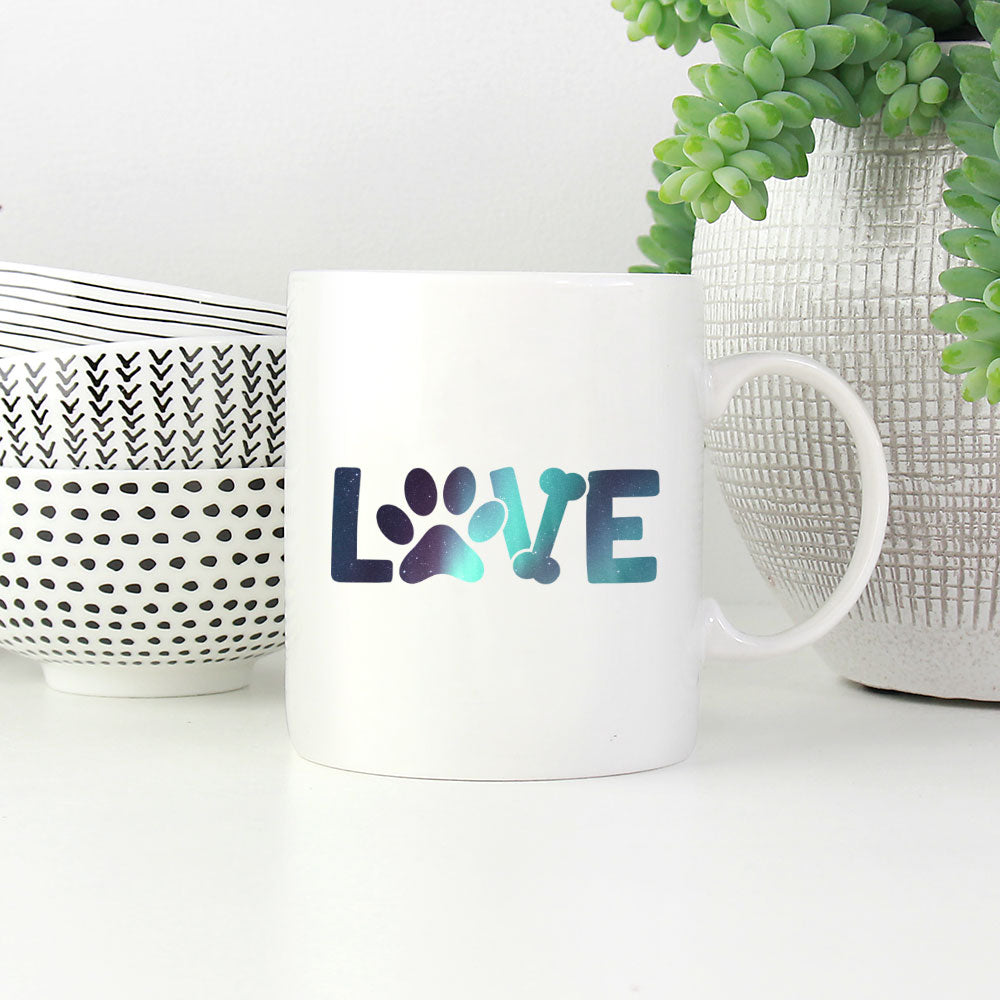 LOVE with Green Galaxy font Mugs at $13.95 found at Personalizedpetlovergifts