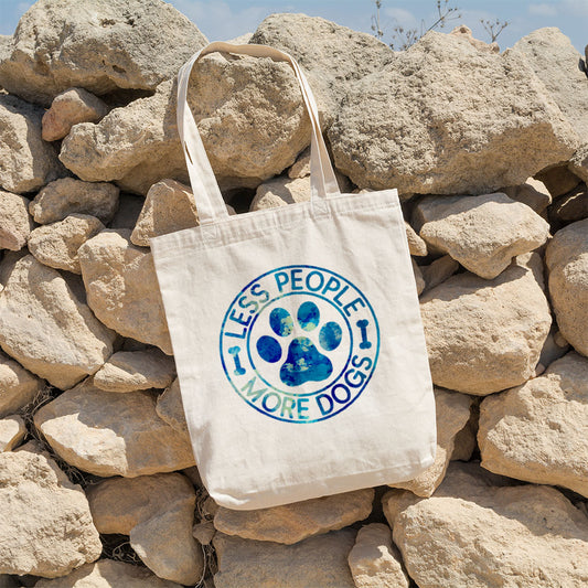 Less People More Dogs In A Circle With Blue Paint Font Totes at $22.95 found at Personalizedpetlovergifts