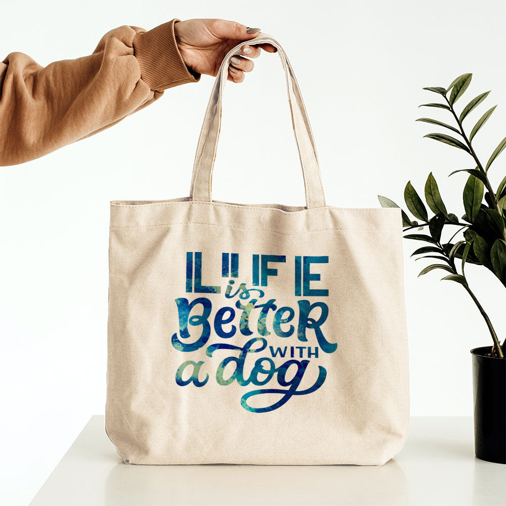 Life Is Better With A Dog Brush Font With Blue Paint Font Totes at $22.95 found at Personalizedpetlovergifts