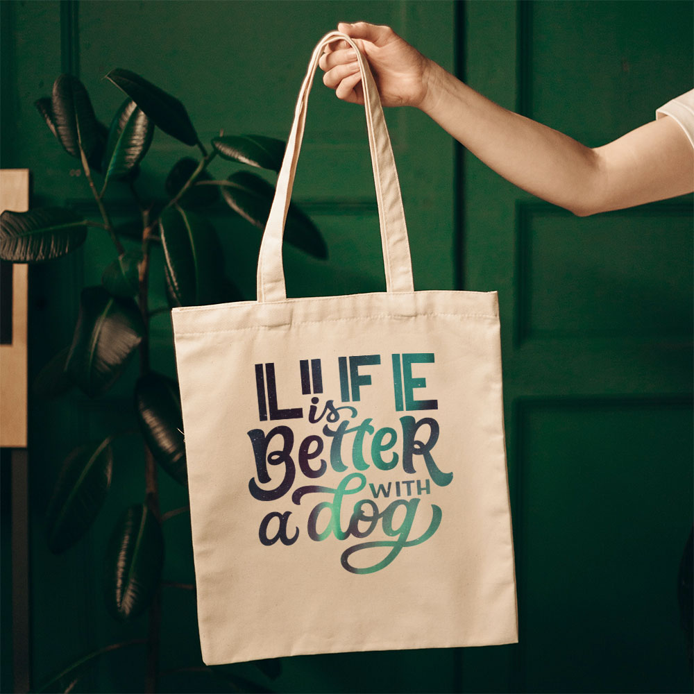 Life Is Better With A Dog Brush Font With Green Galaxy Font Totes at $22.95 found at Personalizedpetlovergifts