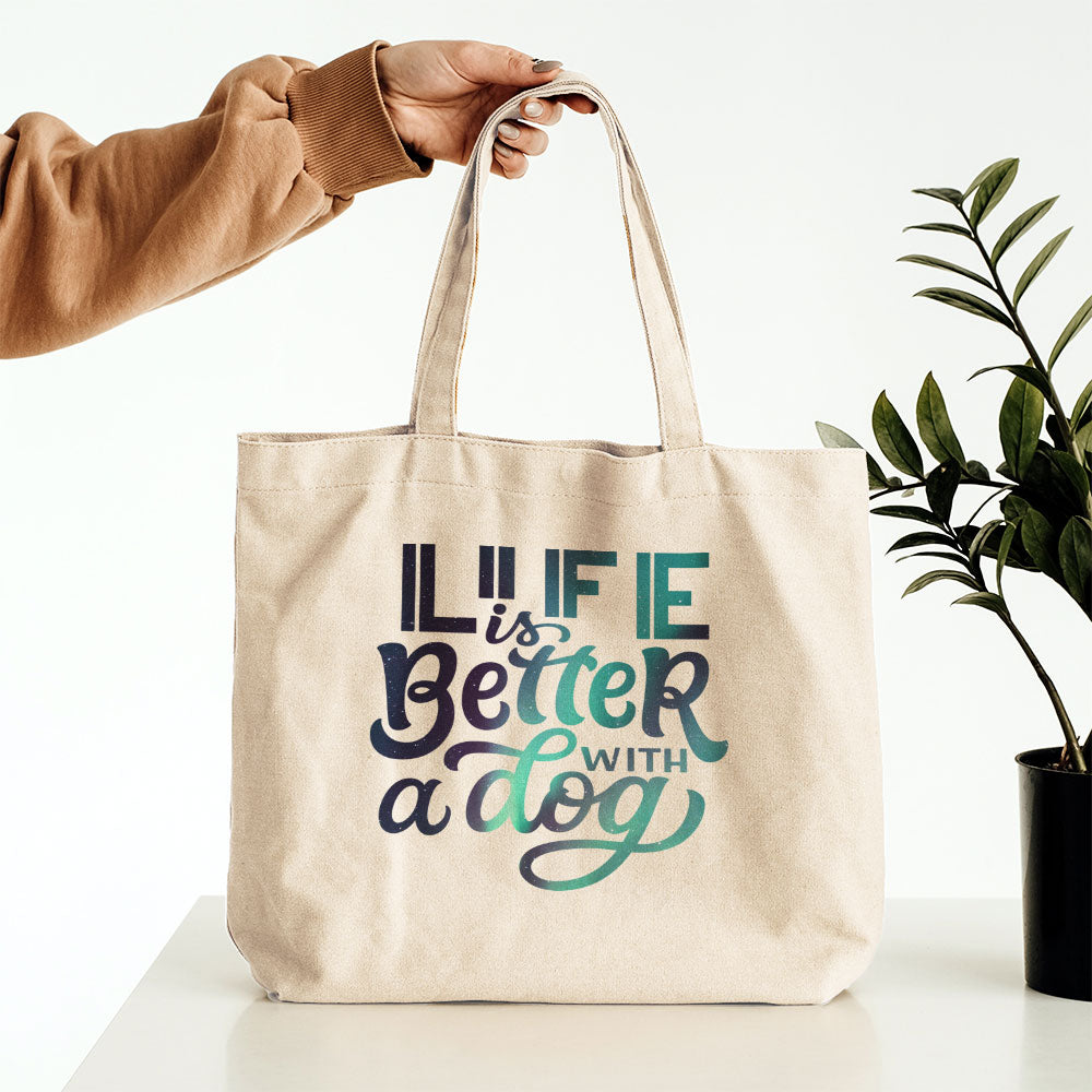 Life Is Better With A Dog Brush Font With Green Galaxy Font Totes at $22.95 found at Personalizedpetlovergifts