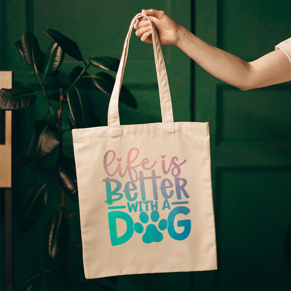 Life Is Better With A Dog With A Paw With Blue Gradient Font Totes at $22.95 found at Personalizedpetlovergifts