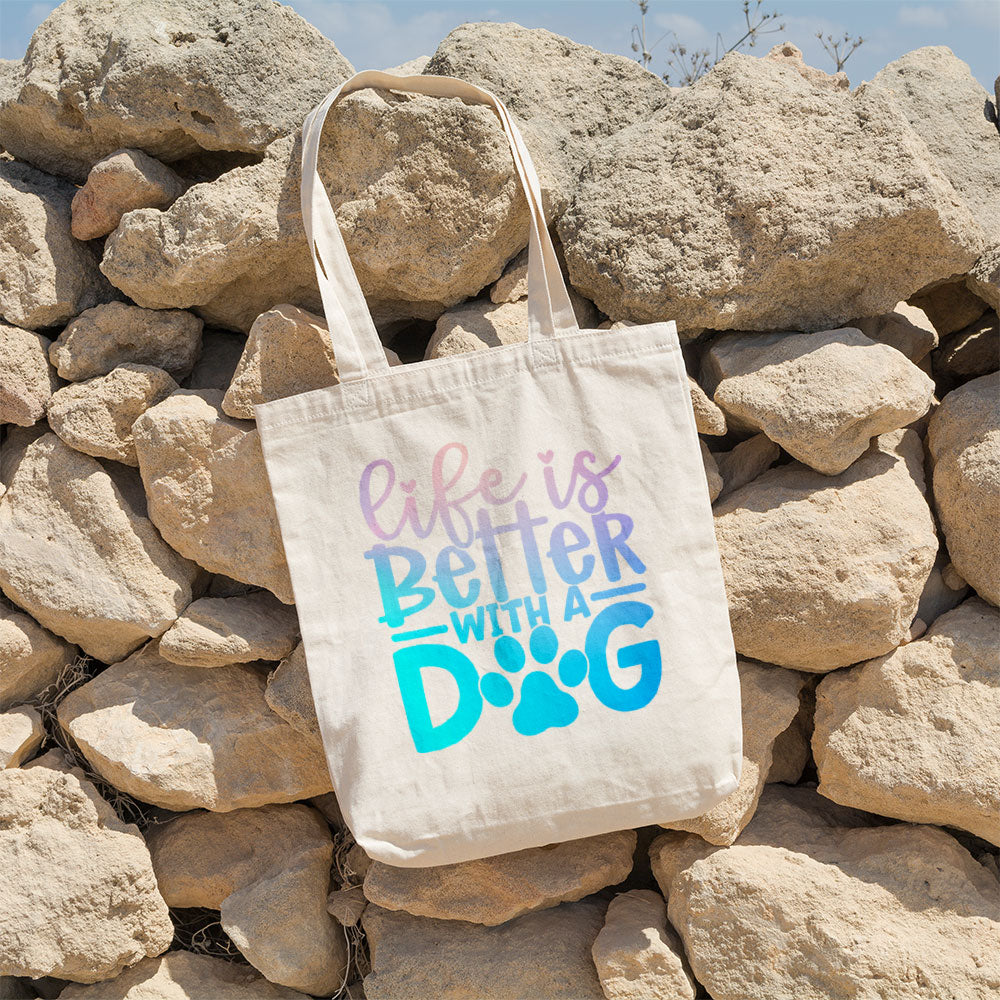 Life Is Better With A Dog With A Paw With Blue Gradient Font Totes at $22.95 found at Personalizedpetlovergifts