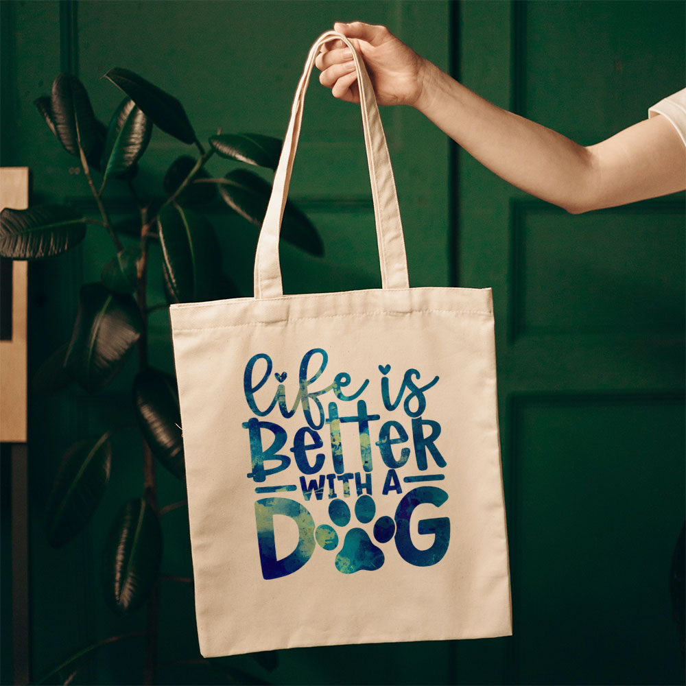 Life Is Better With A Dog With A Paw With Blue Paint Font Totes at $22.95 found at Personalizedpetlovergifts