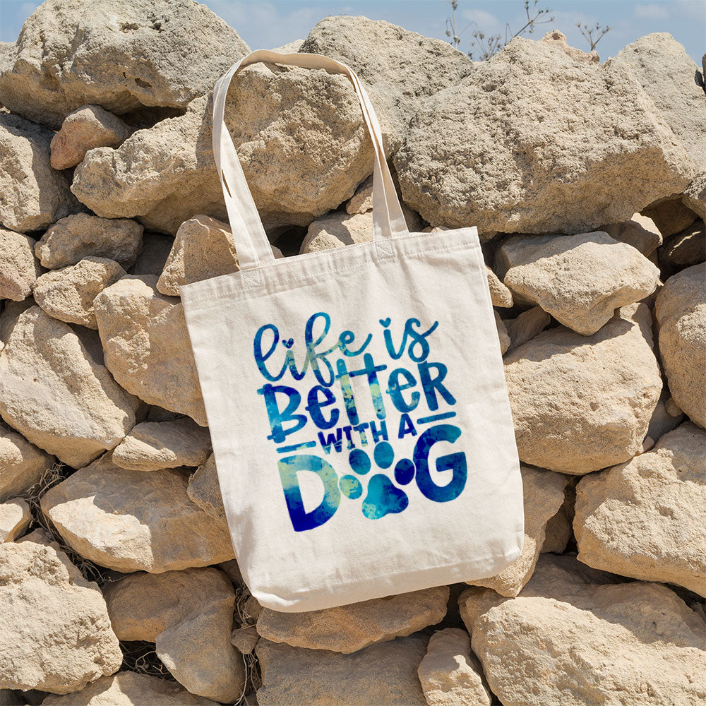 Life Is Better With A Dog With A Paw With Blue Paint Font Totes at $22.95 found at Personalizedpetlovergifts