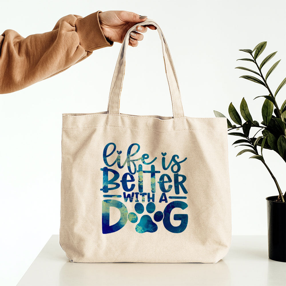 Life Is Better With A Dog With A Paw With Blue Paint Font Totes at $22.95 found at Personalizedpetlovergifts