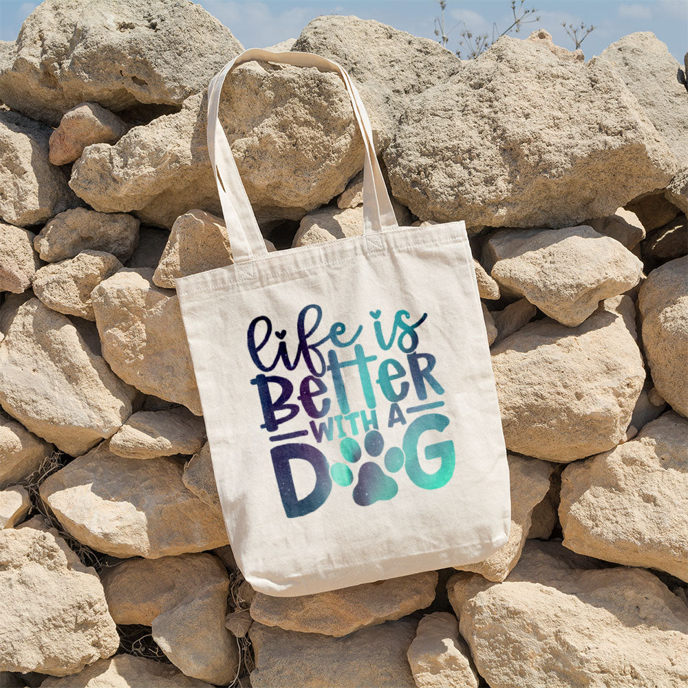 Life Is Better With A Dog With A Paw With Green Galaxy Font Totes at $22.95 found at Personalizedpetlovergifts